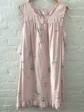 Adonna Pink Floral Night Dress Ruffle Trim XL Sleeveless Cotton Cottagecore
